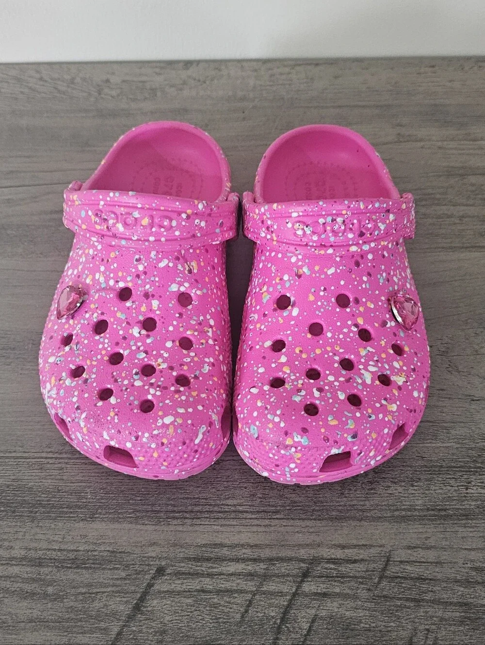 CROCS Kids Pink Paint Splatter Clogs Heart Jewel Toddler Girl C 11